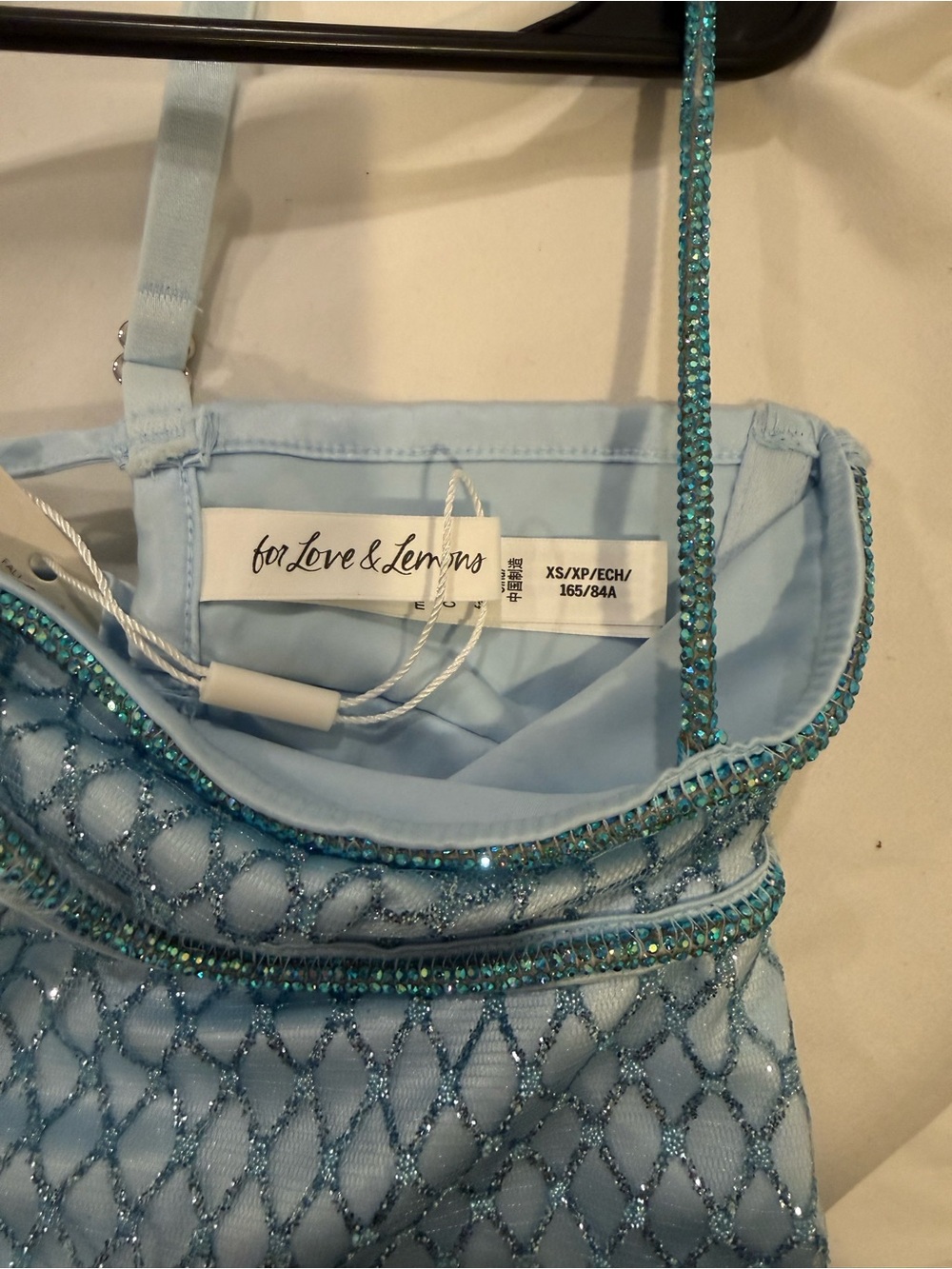 NWT For Love & Lemons Blue Glitter Mesh Mini Slip Dress Rhinestone Fishnet - Picture 8 of 8